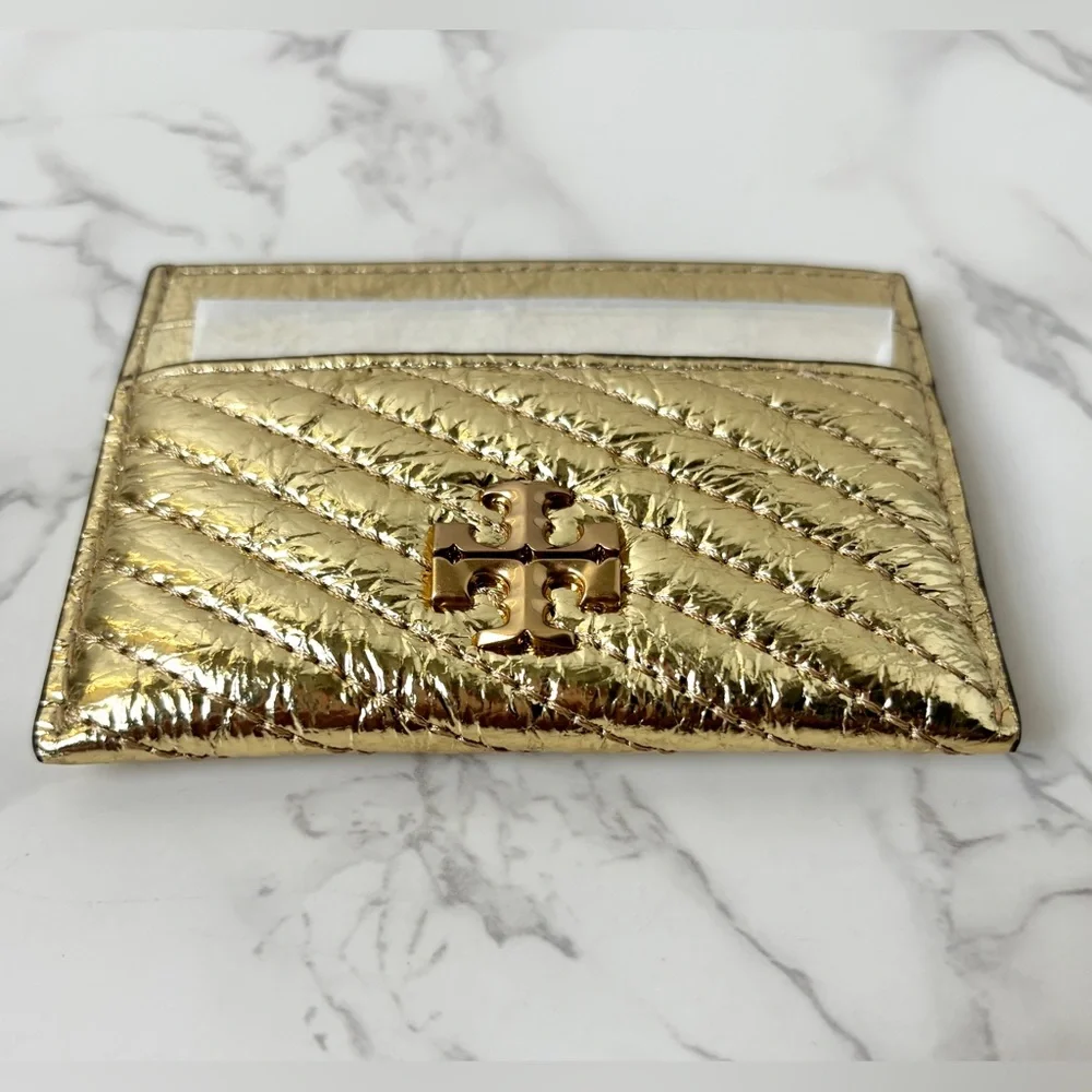 New Tory Burch Kira Metallic Crinkled Leather Gold Card Case